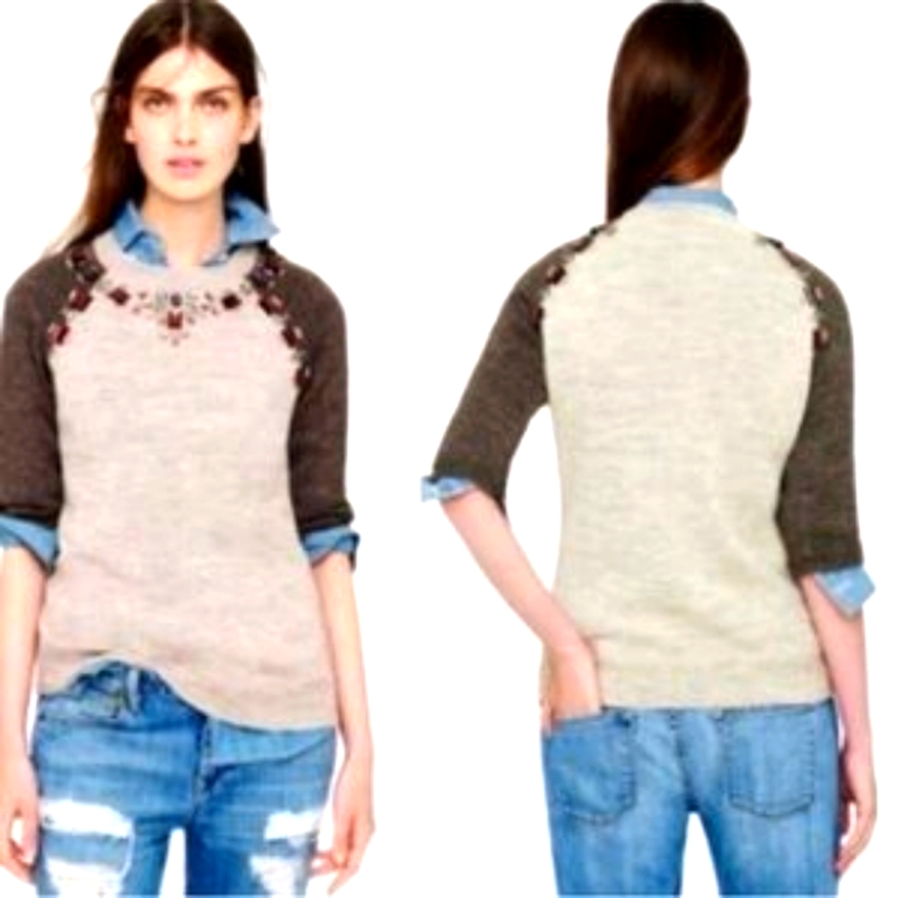 J Crew Tan Brown Jeweled Raglan Baseball Alpaca Wool Short Sleeve Sweater